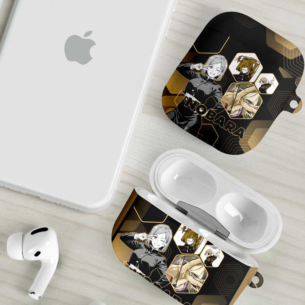 Nobara Kugisaki Jujutsu Kaisen Gold Hexagon Design AirPods Case with Confident Expressions and Manga Style Art - The Mazicc