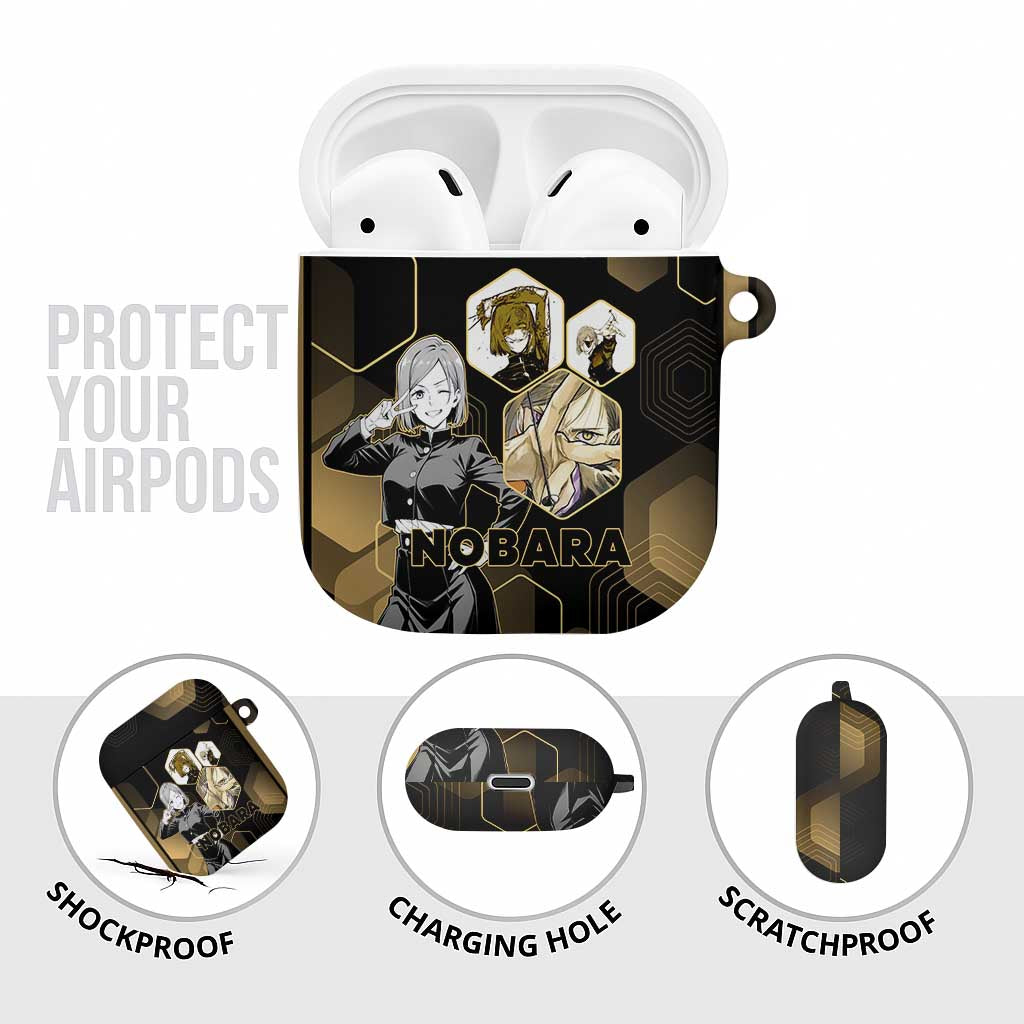 Nobara Kugisaki Jujutsu Kaisen Gold Hexagon Design AirPods Case with Confident Expressions and Manga Style Art - The Mazicc