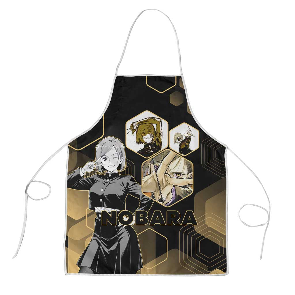 Nobara Kugisaki Jujutsu Kaisen Gold Hexagon Design Apron with Confident Expressions and Manga Style Art - The Mazicc