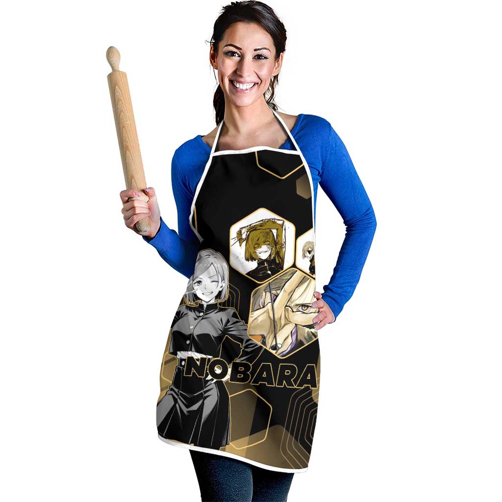 Nobara Kugisaki Jujutsu Kaisen Gold Hexagon Design Apron with Confident Expressions and Manga Style Art - The Mazicc