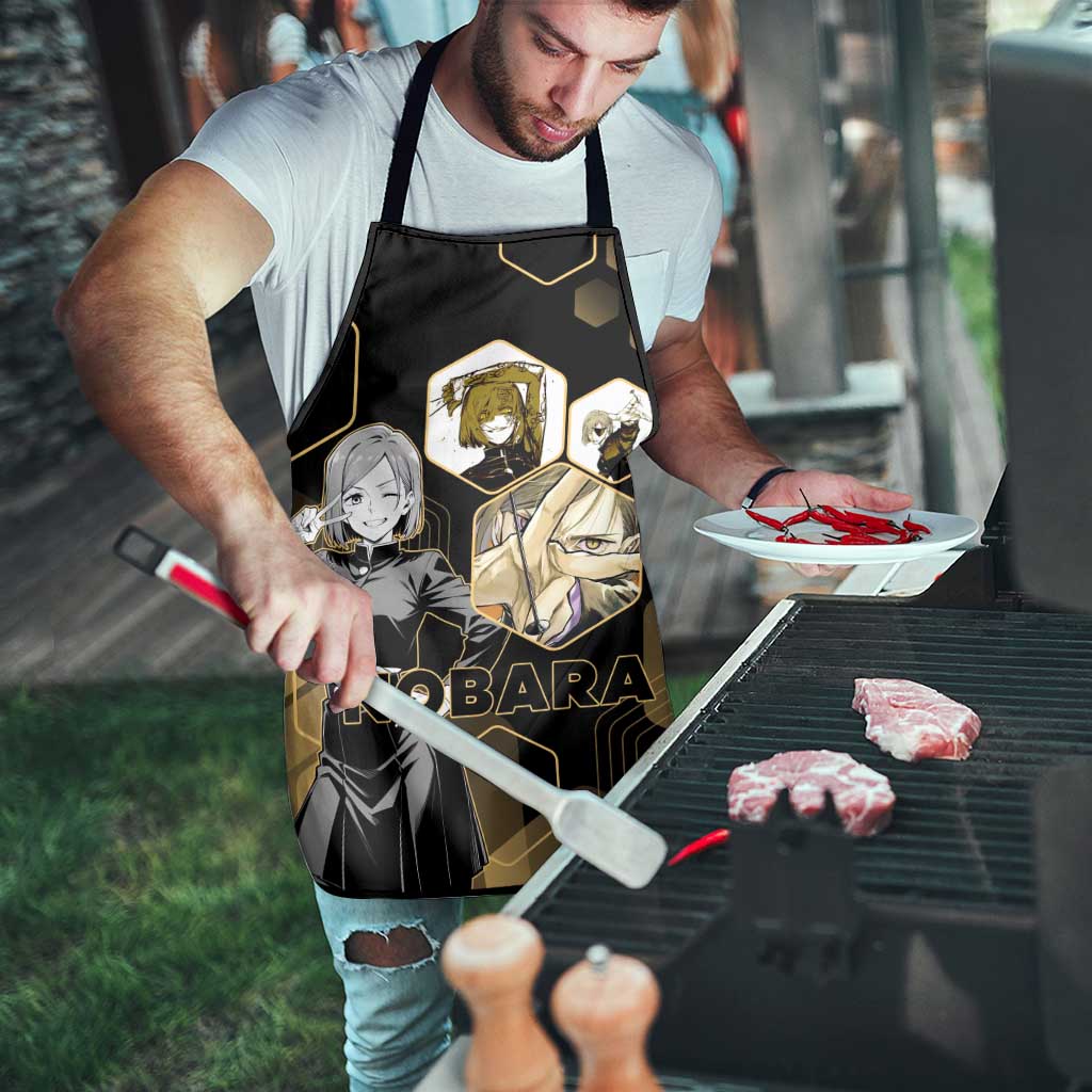Nobara Kugisaki Jujutsu Kaisen Gold Hexagon Design Apron with Confident Expressions and Manga Style Art - The Mazicc