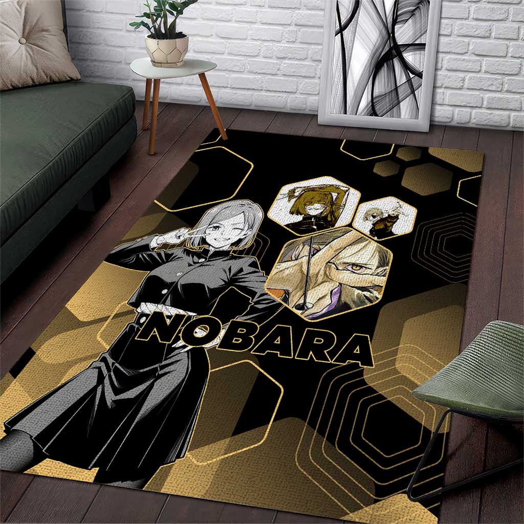 Nobara Kugisaki Jujutsu Kaisen Gold Hexagon Design Area Rug with Confident Expressions and Manga Style Art - The Mazicc