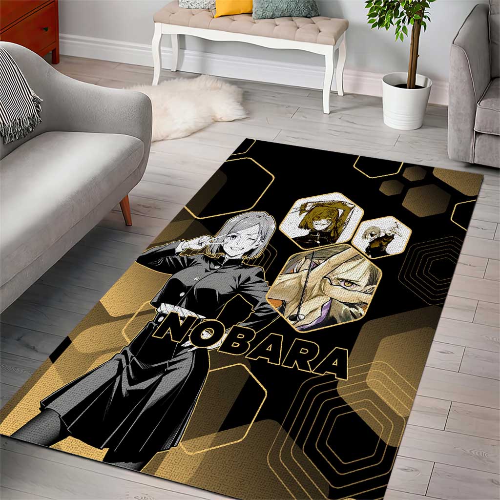 Nobara Kugisaki Jujutsu Kaisen Gold Hexagon Design Area Rug with Confident Expressions and Manga Style Art - The Mazicc