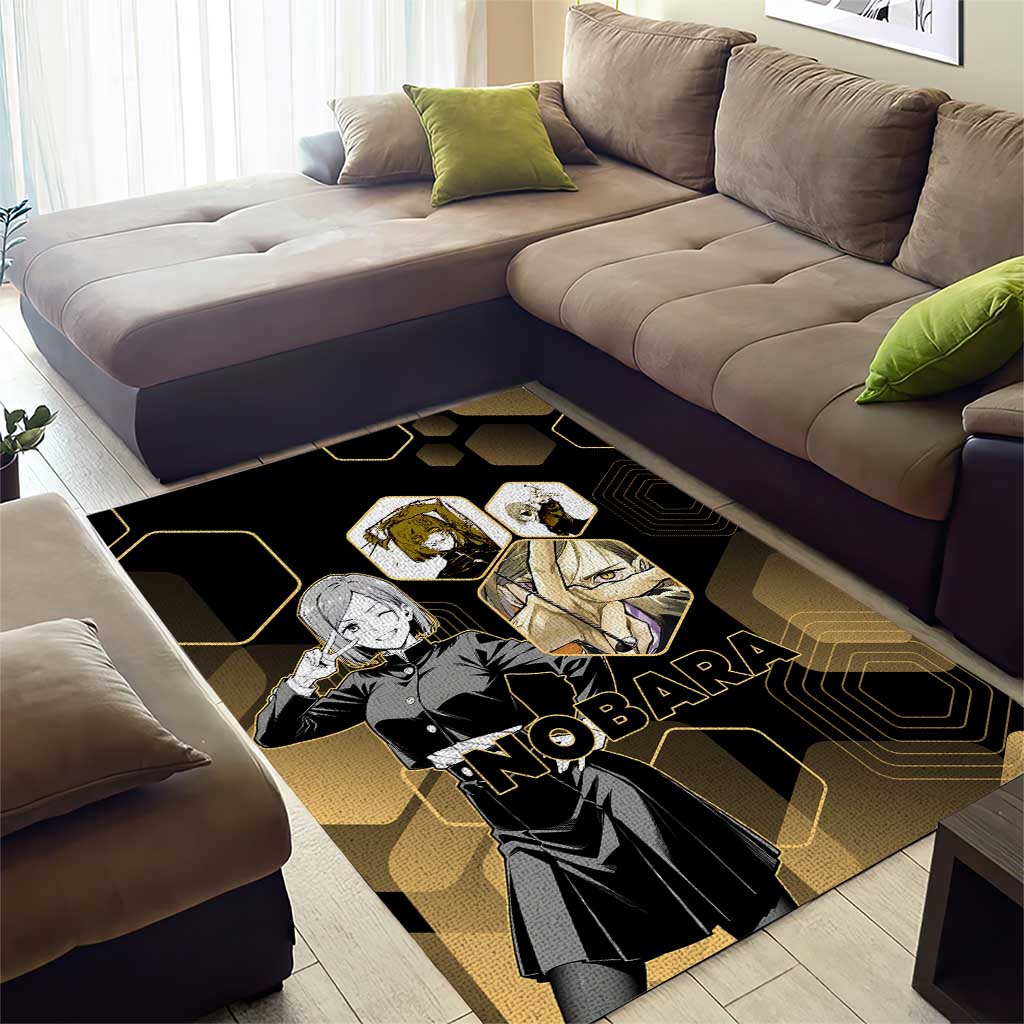 Nobara Kugisaki Jujutsu Kaisen Gold Hexagon Design Area Rug with Confident Expressions and Manga Style Art - The Mazicc