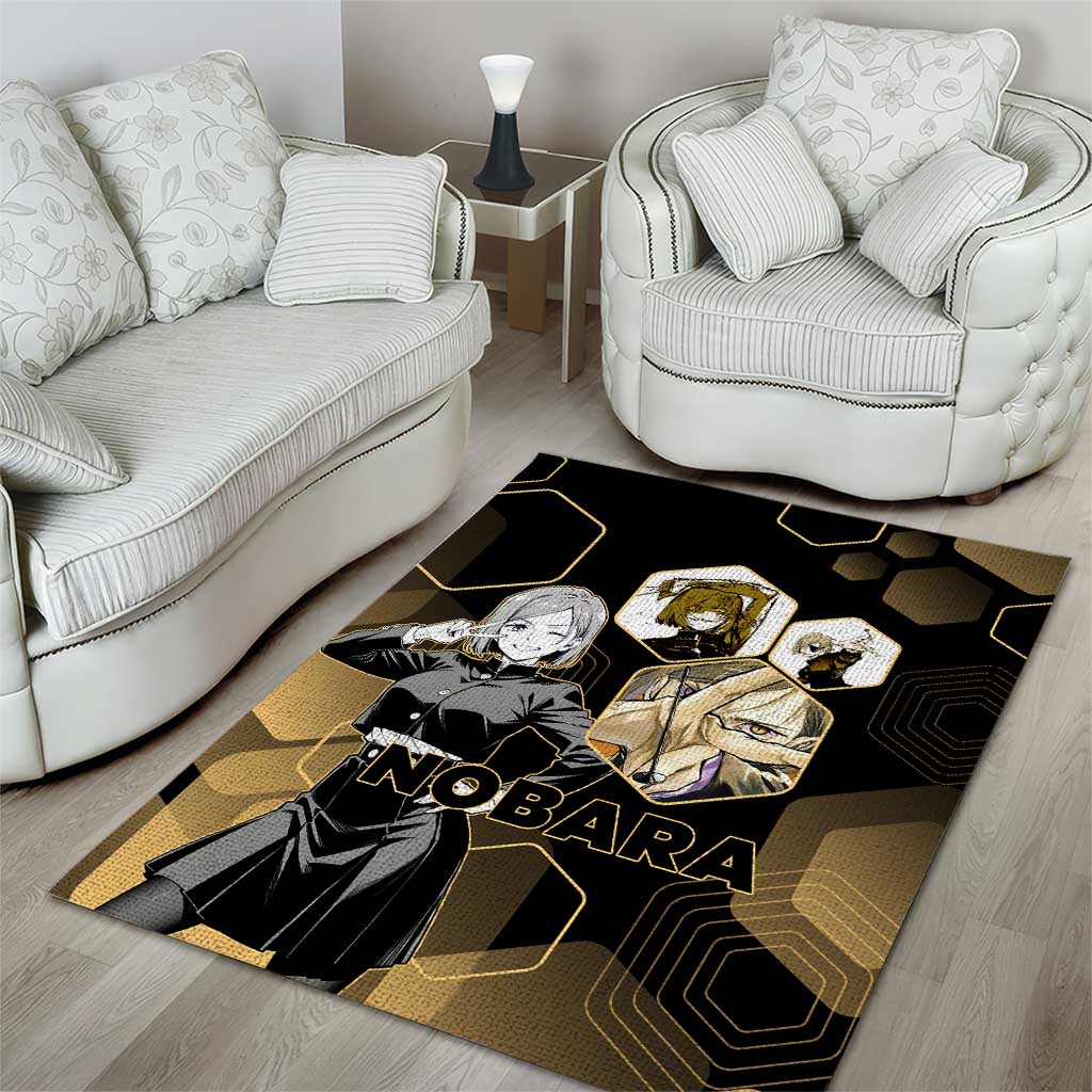 Nobara Kugisaki Jujutsu Kaisen Gold Hexagon Design Area Rug with Confident Expressions and Manga Style Art - The Mazicc