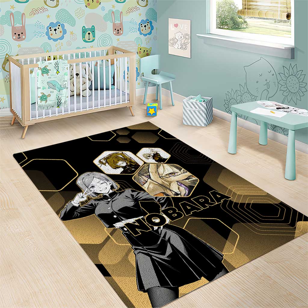 Nobara Kugisaki Jujutsu Kaisen Gold Hexagon Design Area Rug with Confident Expressions and Manga Style Art - The Mazicc