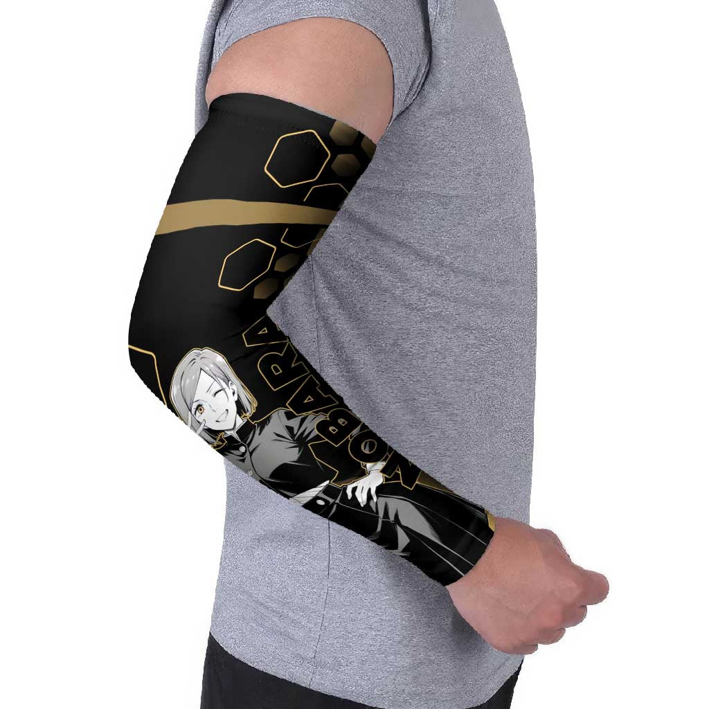 Nobara Kugisaki Jujutsu Kaisen Gold Hexagon Design Arm Sleeves with Confident Expressions and Manga Style Art - The Mazicc