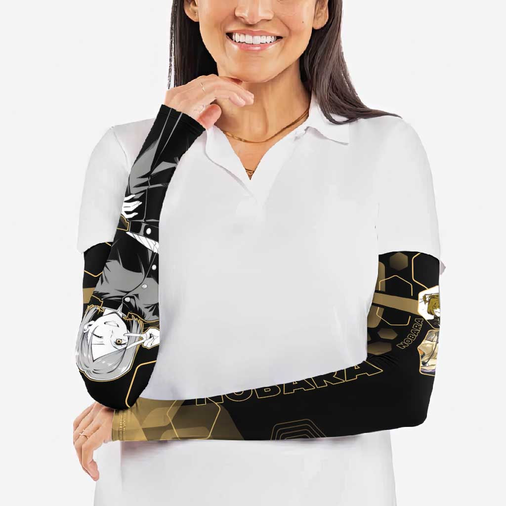Nobara Kugisaki Jujutsu Kaisen Gold Hexagon Design Arm Sleeves with Confident Expressions and Manga Style Art - The Mazicc