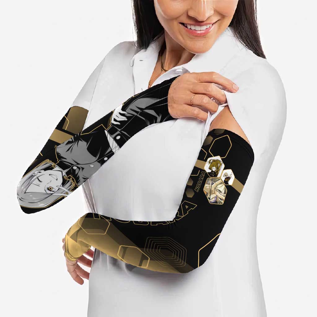 Nobara Kugisaki Jujutsu Kaisen Gold Hexagon Design Arm Sleeves with Confident Expressions and Manga Style Art - The Mazicc