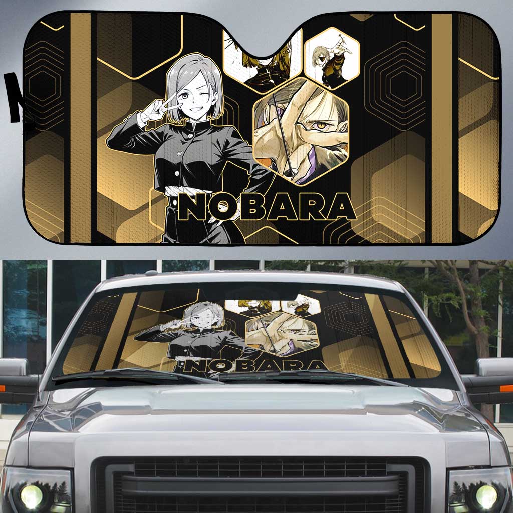 Nobara Kugisaki Jujutsu Kaisen Gold Hexagon Design Auto Sun Shade with Confident Expressions and Manga Style Art - The Mazicc