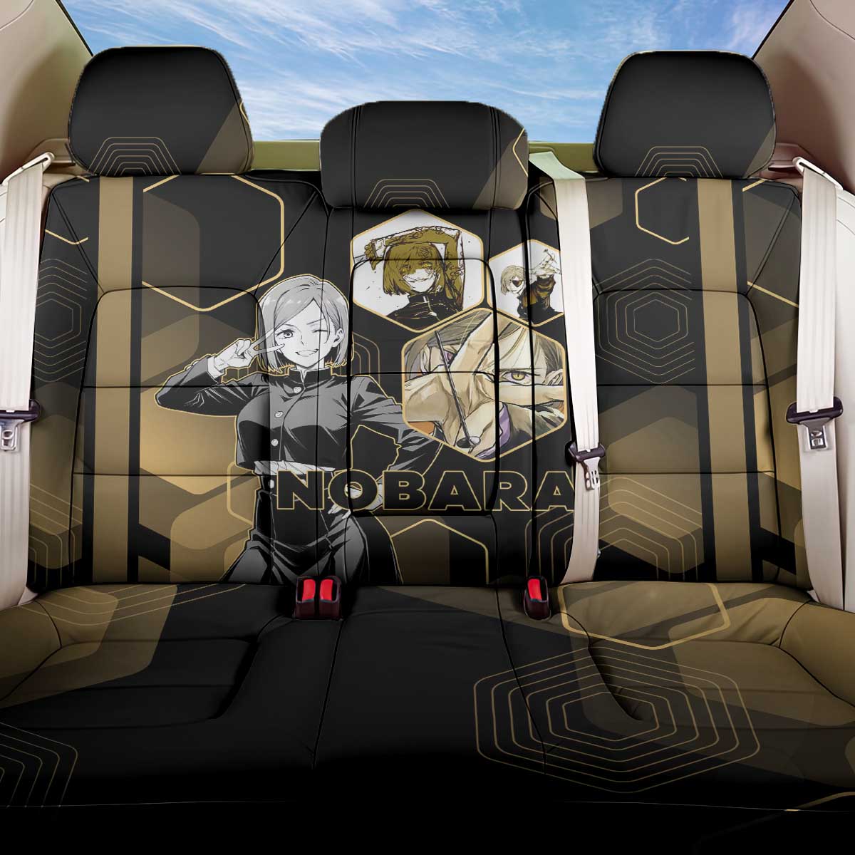 Nobara Kugisaki Jujutsu Kaisen Gold Hexagon Design Back Car Seat Cover with Confident Expressions and Manga Style Art - The Mazicc
