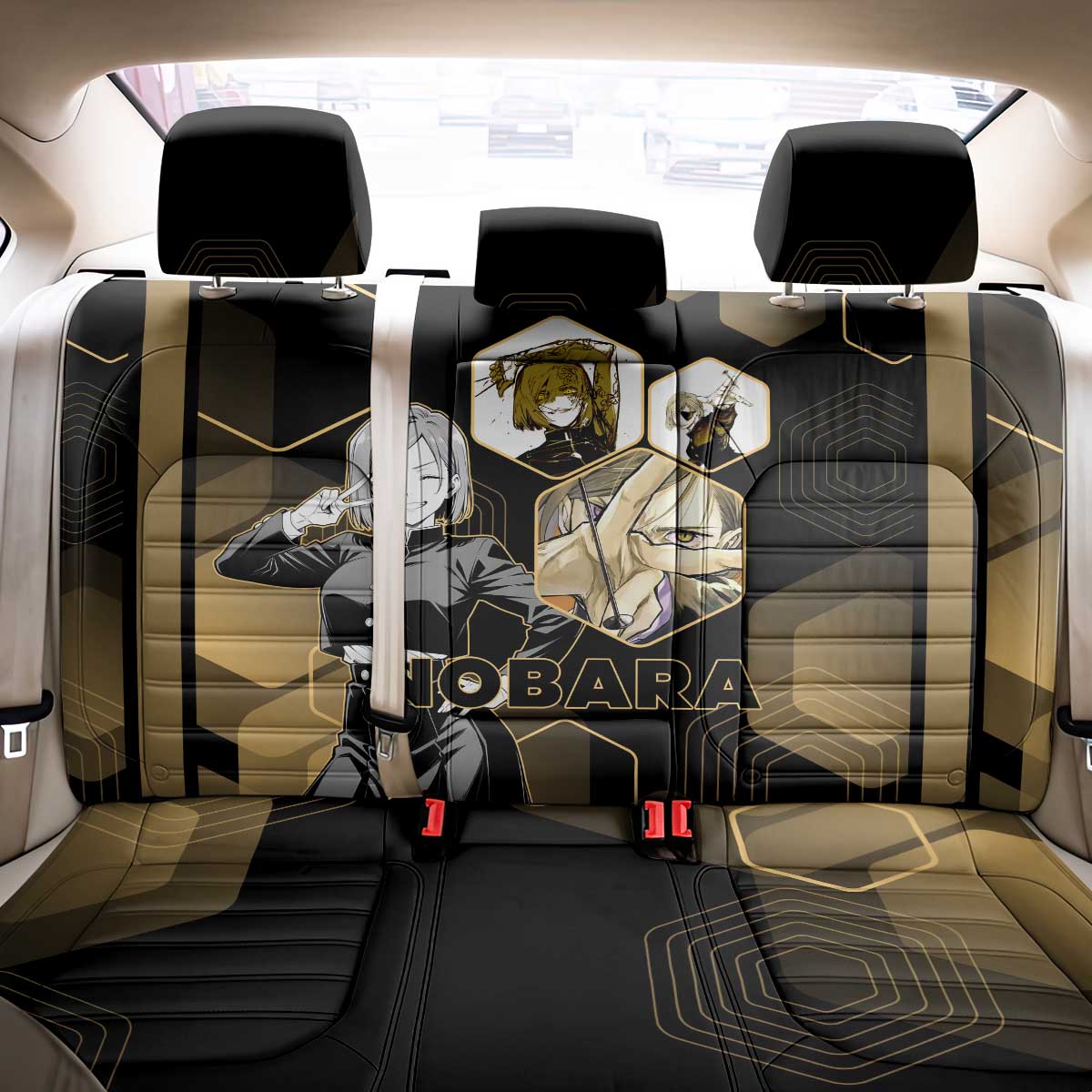 Nobara Kugisaki Jujutsu Kaisen Gold Hexagon Design Back Car Seat Cover with Confident Expressions and Manga Style Art - The Mazicc