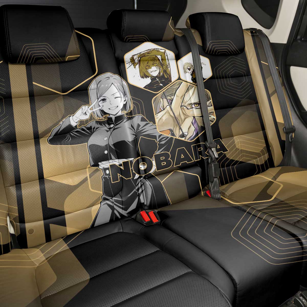 Nobara Kugisaki Jujutsu Kaisen Gold Hexagon Design Back Car Seat Cover with Confident Expressions and Manga Style Art - The Mazicc