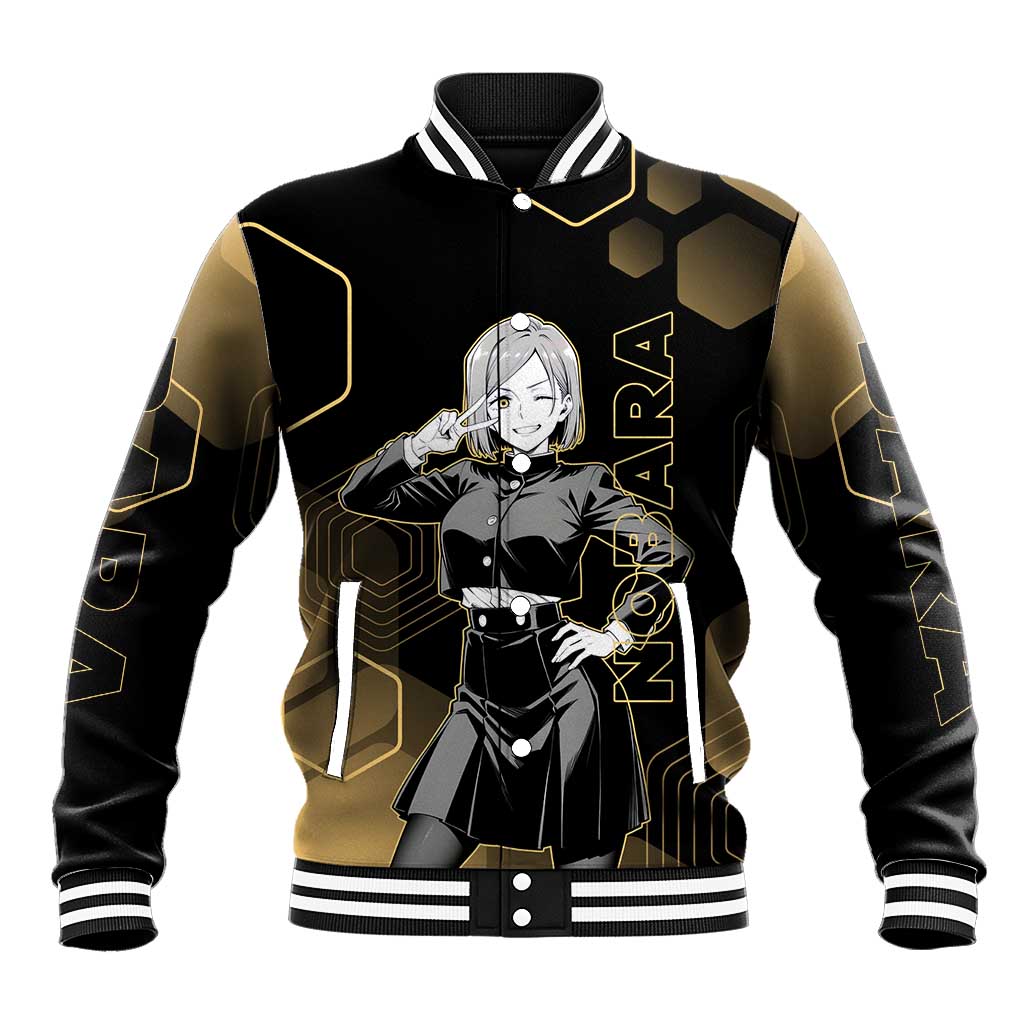 Nobara Kugisaki Jujutsu Kaisen Gold Hexagon Design Baseball Jacket with Confident Expressions and Manga Style Art - The Mazicc