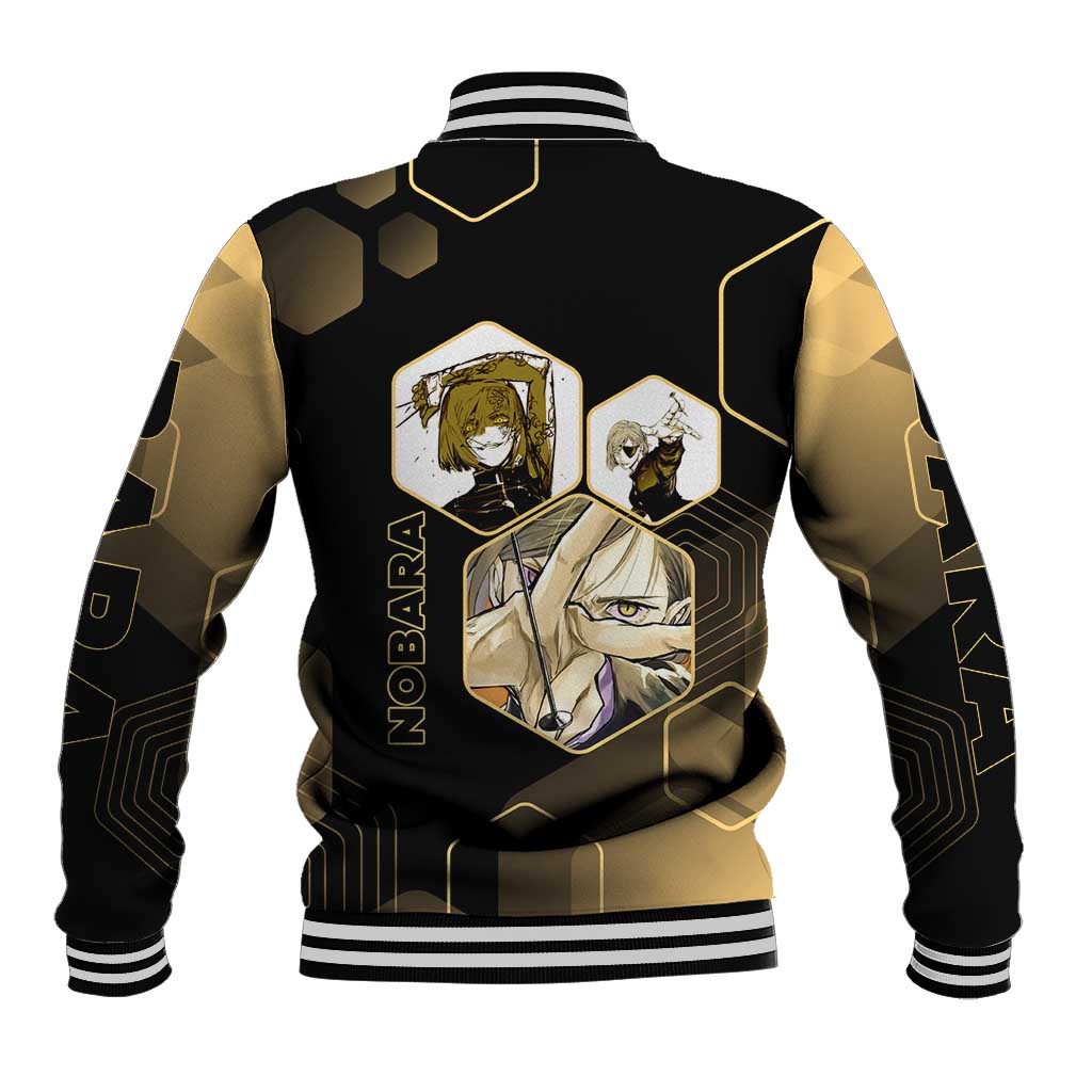 Nobara Kugisaki Jujutsu Kaisen Gold Hexagon Design Baseball Jacket with Confident Expressions and Manga Style Art - The Mazicc