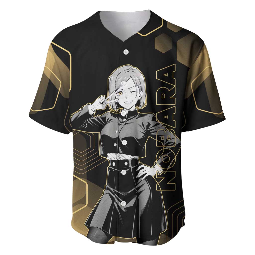 Nobara Kugisaki Jujutsu Kaisen Gold Hexagon Design Baseball Jersey with Confident Expressions and Manga Style Art - The Mazicc
