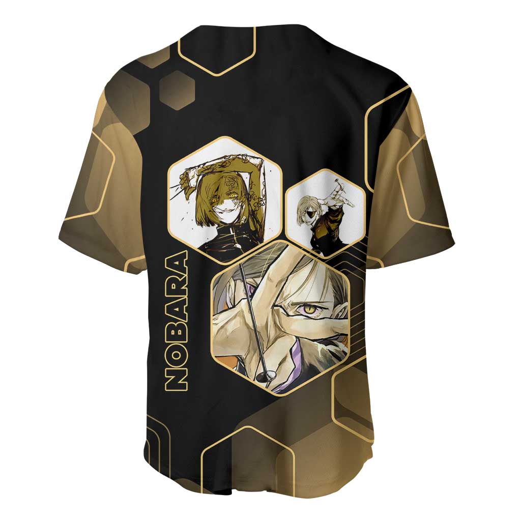 Nobara Kugisaki Jujutsu Kaisen Gold Hexagon Design Baseball Jersey with Confident Expressions and Manga Style Art - The Mazicc