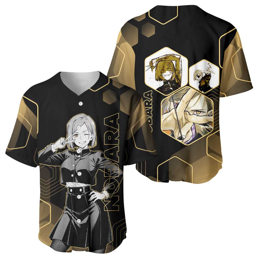 Nobara Kugisaki Jujutsu Kaisen Gold Hexagon Design Baseball Jersey with Confident Expressions and Manga Style Art - The Mazicc