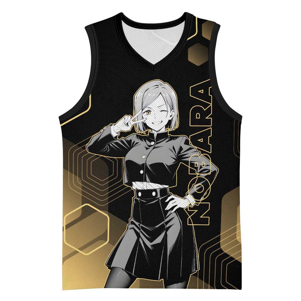 Nobara Kugisaki Jujutsu Kaisen Gold Hexagon Design Basketball Jersey with Confident Expressions and Manga Style Art - The Mazicc
