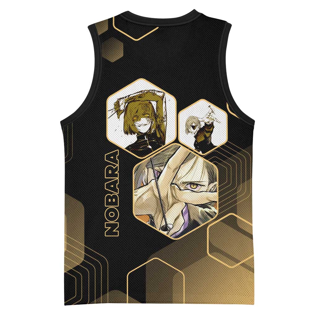 Nobara Kugisaki Jujutsu Kaisen Gold Hexagon Design Basketball Jersey with Confident Expressions and Manga Style Art - The Mazicc