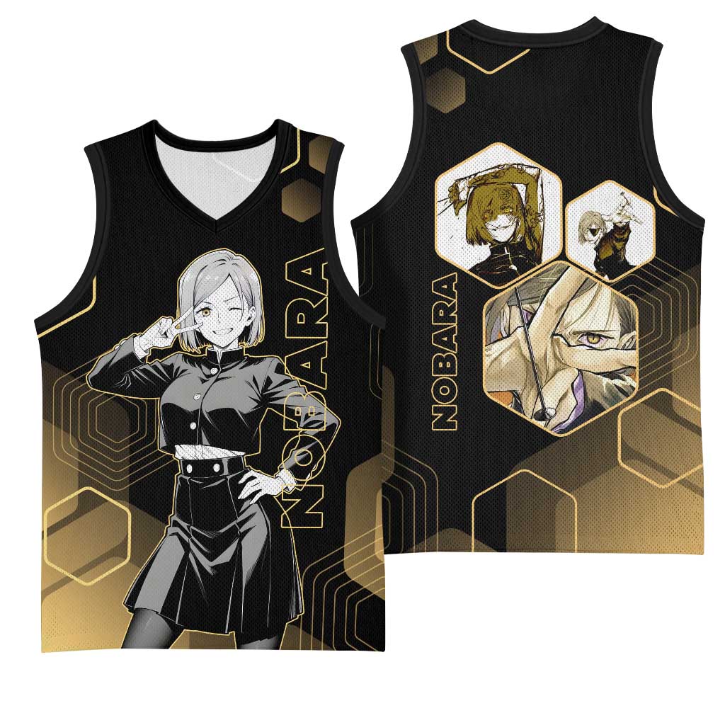 Nobara Kugisaki Jujutsu Kaisen Gold Hexagon Design Basketball Jersey with Confident Expressions and Manga Style Art - The Mazicc