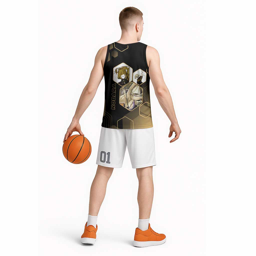Nobara Kugisaki Jujutsu Kaisen Gold Hexagon Design Basketball Jersey with Confident Expressions and Manga Style Art - The Mazicc
