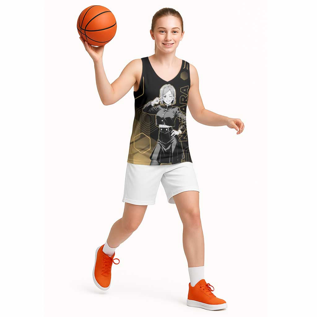 Nobara Kugisaki Jujutsu Kaisen Gold Hexagon Design Basketball Jersey with Confident Expressions and Manga Style Art - The Mazicc