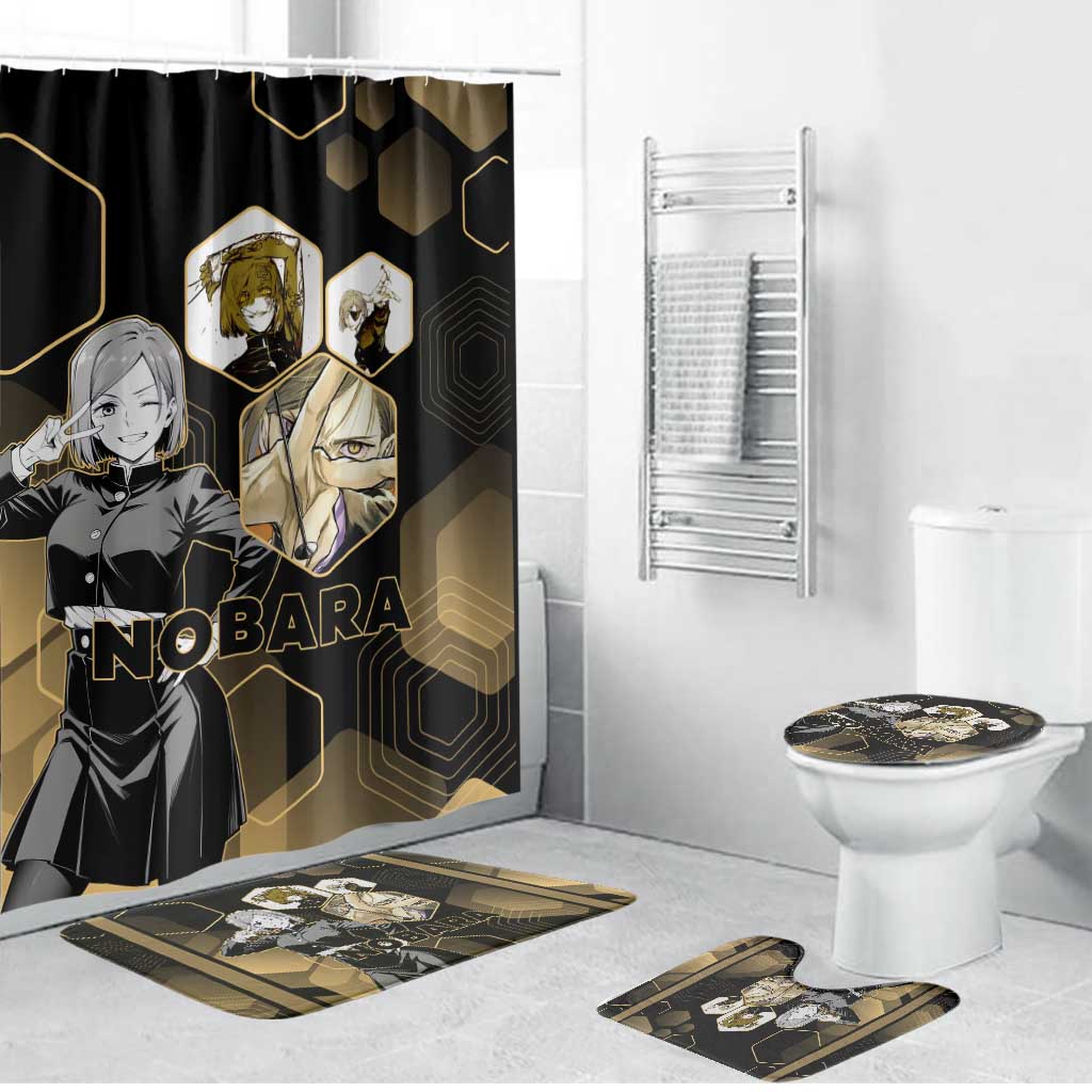 Nobara Kugisaki Jujutsu Kaisen Gold Hexagon Design Bathroom Set with Confident Expressions and Manga Style Art - The Mazicc