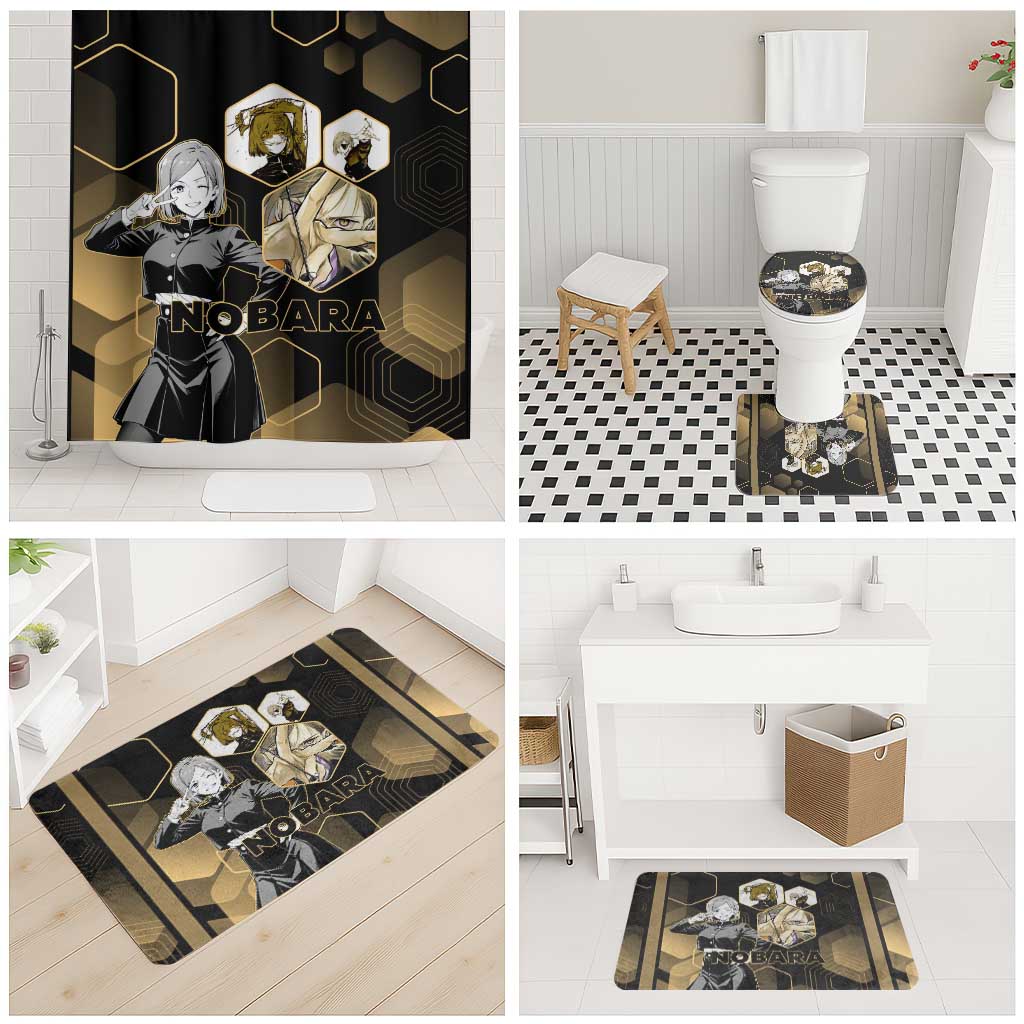 Nobara Kugisaki Jujutsu Kaisen Gold Hexagon Design Bathroom Set with Confident Expressions and Manga Style Art - The Mazicc