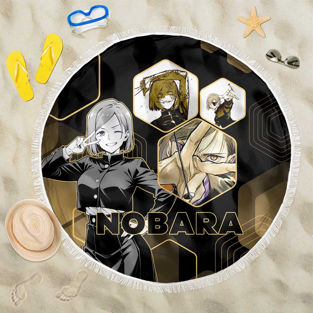 Nobara Kugisaki Jujutsu Kaisen Gold Hexagon Design Beach Blanket with Confident Expressions and Manga Style Art - The Mazicc