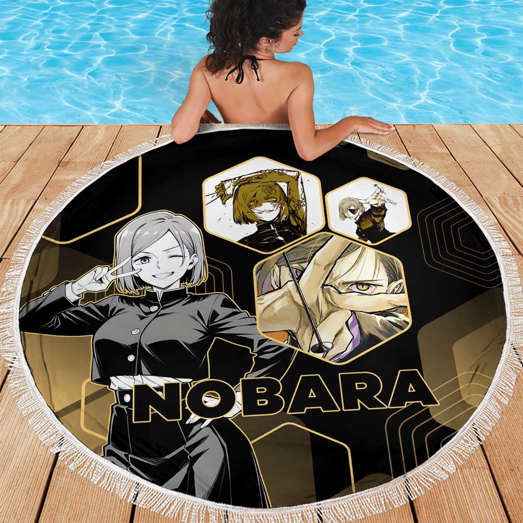Nobara Kugisaki Jujutsu Kaisen Gold Hexagon Design Beach Blanket with Confident Expressions and Manga Style Art - The Mazicc