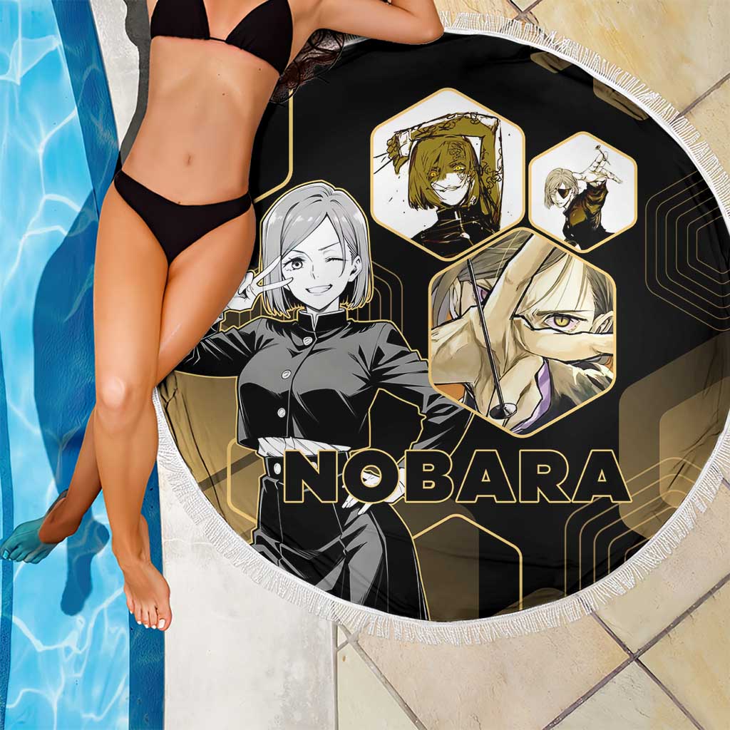 Nobara Kugisaki Jujutsu Kaisen Gold Hexagon Design Beach Blanket with Confident Expressions and Manga Style Art - The Mazicc