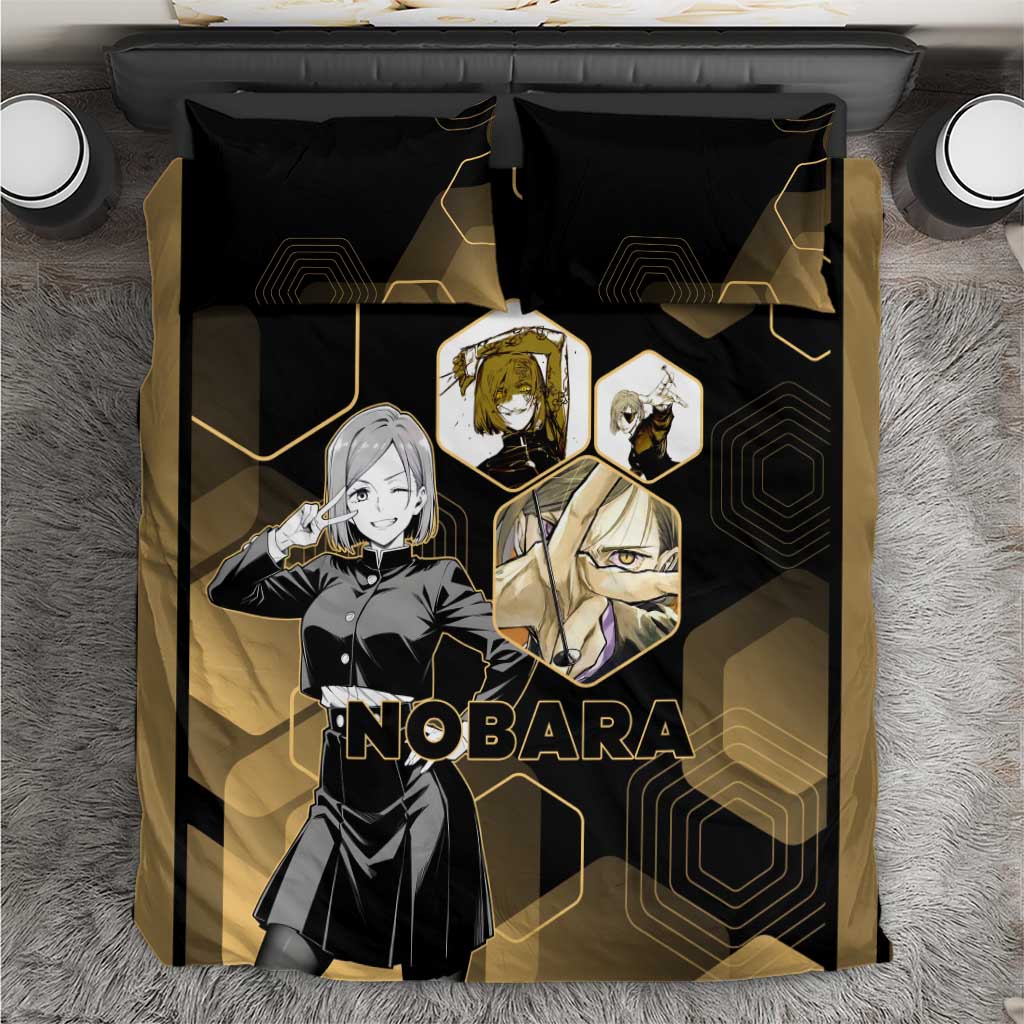 Nobara Kugisaki Jujutsu Kaisen Gold Hexagon Design Bedding Set with Confident Expressions and Manga Style Art - The Mazicc