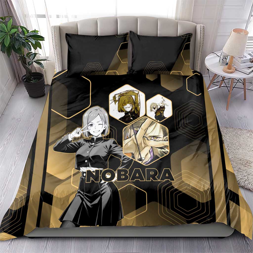 Nobara Kugisaki Jujutsu Kaisen Gold Hexagon Design Bedding Set with Confident Expressions and Manga Style Art - The Mazicc