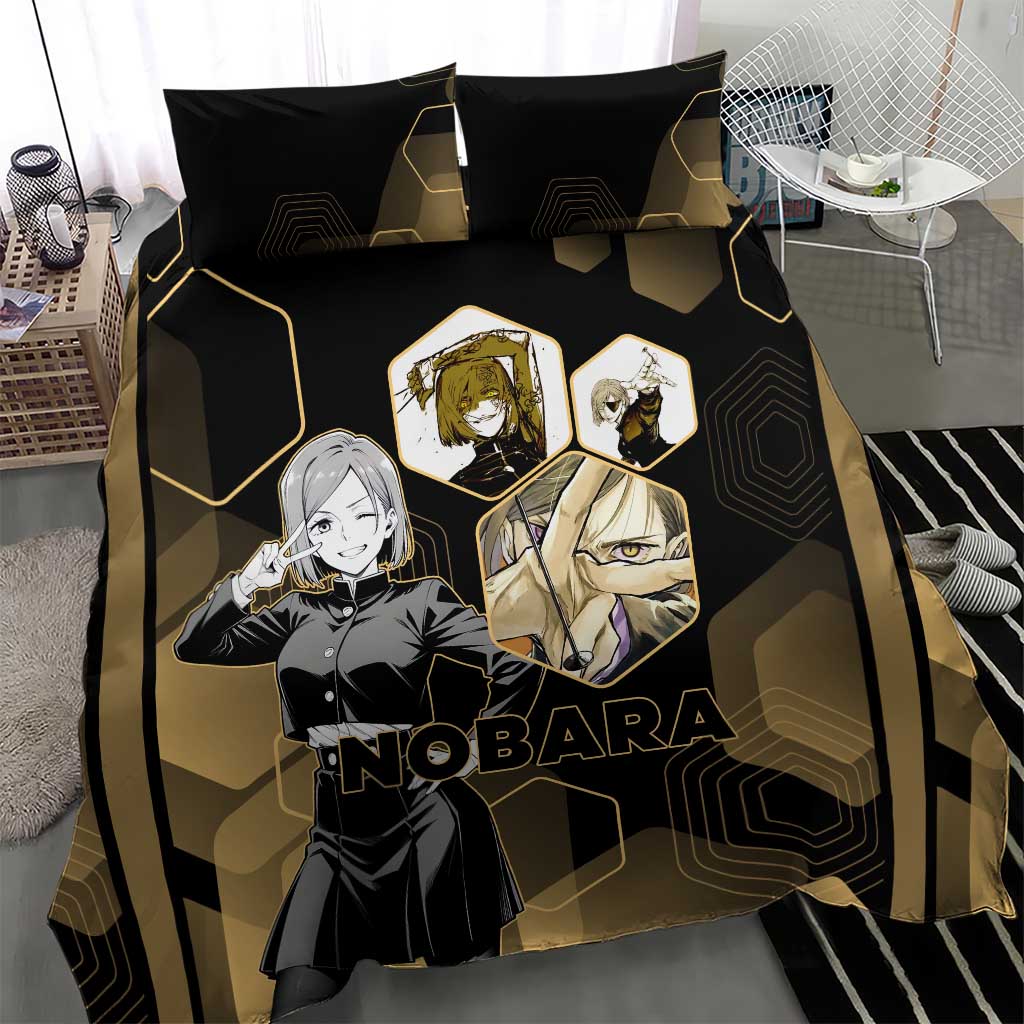 Nobara Kugisaki Jujutsu Kaisen Gold Hexagon Design Bedding Set with Confident Expressions and Manga Style Art - The Mazicc
