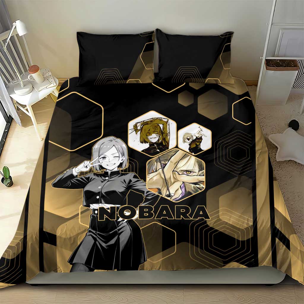 Nobara Kugisaki Jujutsu Kaisen Gold Hexagon Design Bedding Set with Confident Expressions and Manga Style Art - The Mazicc