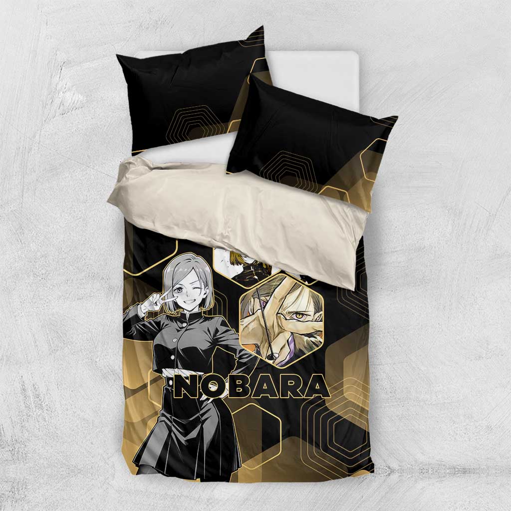 Nobara Kugisaki Jujutsu Kaisen Gold Hexagon Design Bedding Set with Confident Expressions and Manga Style Art - The Mazicc