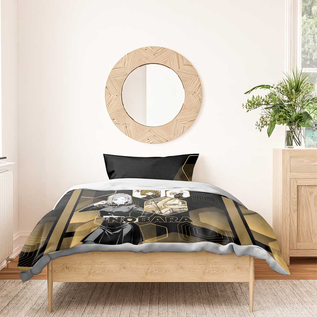 Nobara Kugisaki Jujutsu Kaisen Gold Hexagon Design Bedding Set with Confident Expressions and Manga Style Art - The Mazicc