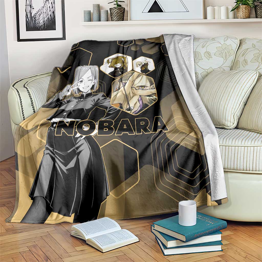 Nobara Kugisaki Jujutsu Kaisen Gold Hexagon Design Blanket with Confident Expressions and Manga Style Art - The Mazicc