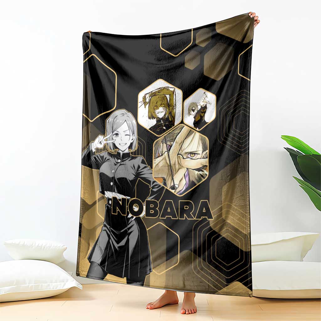 Nobara Kugisaki Jujutsu Kaisen Gold Hexagon Design Blanket with Confident Expressions and Manga Style Art - The Mazicc