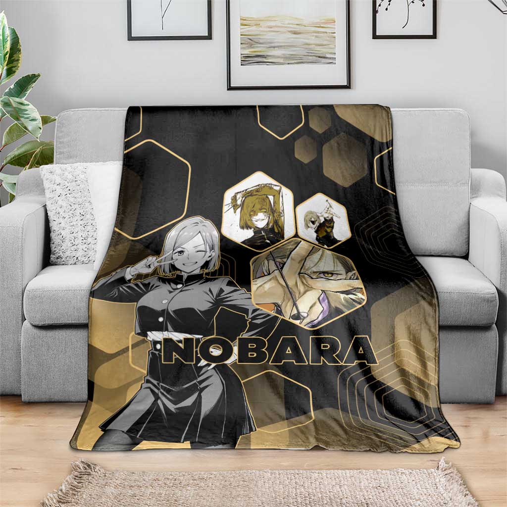 Nobara Kugisaki Jujutsu Kaisen Gold Hexagon Design Blanket with Confident Expressions and Manga Style Art - The Mazicc