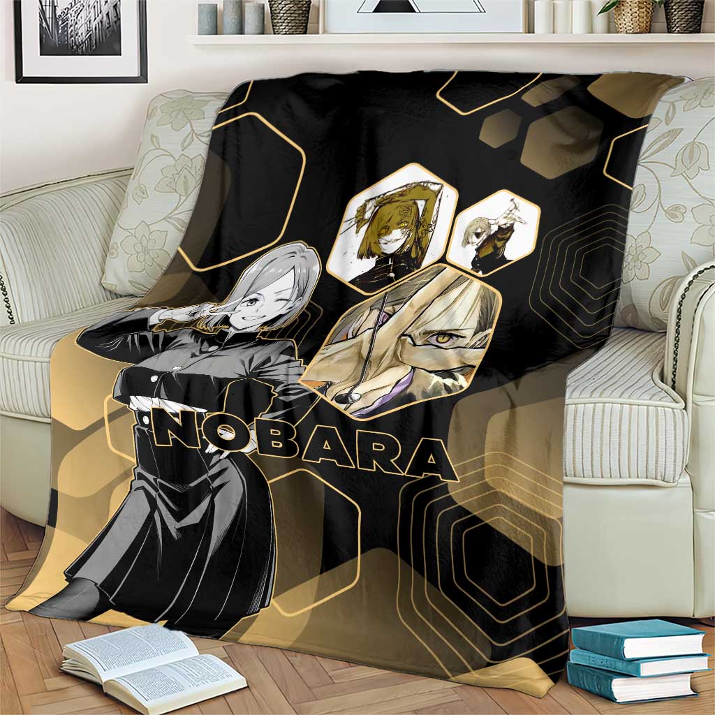 Nobara Kugisaki Jujutsu Kaisen Gold Hexagon Design Blanket with Confident Expressions and Manga Style Art - The Mazicc