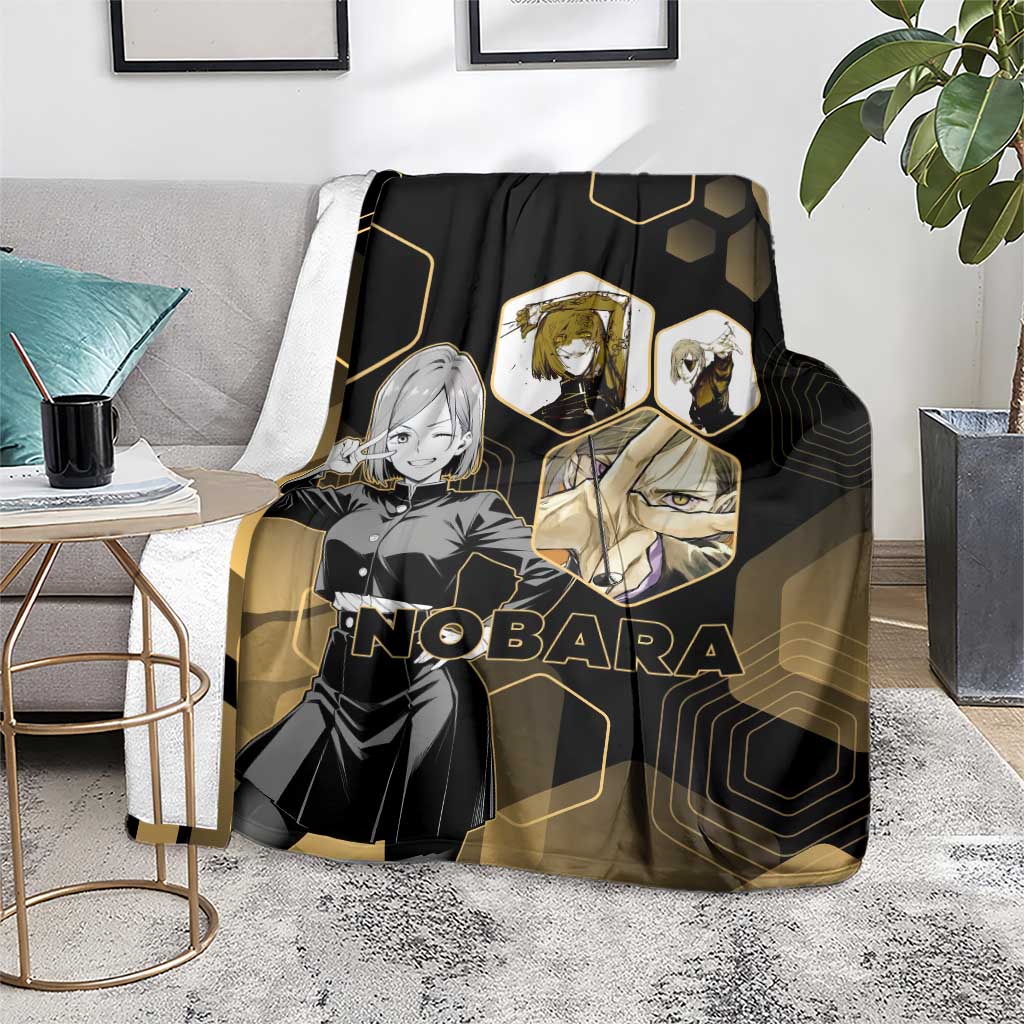 Nobara Kugisaki Jujutsu Kaisen Gold Hexagon Design Blanket with Confident Expressions and Manga Style Art - The Mazicc