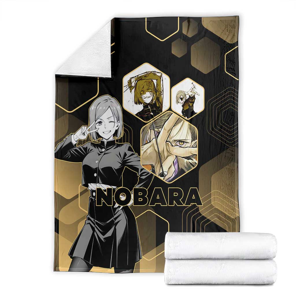 Nobara Kugisaki Jujutsu Kaisen Gold Hexagon Design Blanket with Confident Expressions and Manga Style Art - The Mazicc