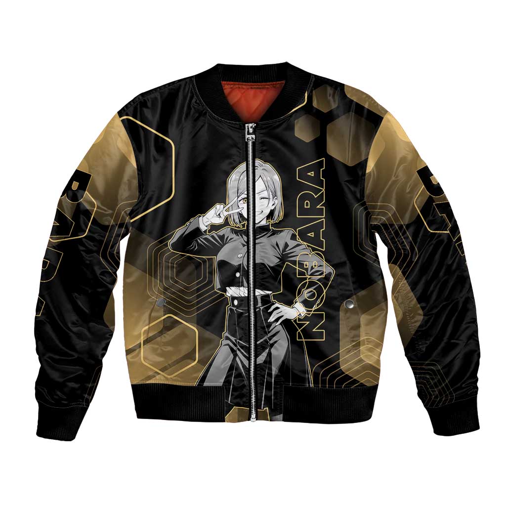 Nobara Kugisaki Jujutsu Kaisen Gold Hexagon Design Bomber Jacket with Confident Expressions and Manga Style Art - The Mazicc
