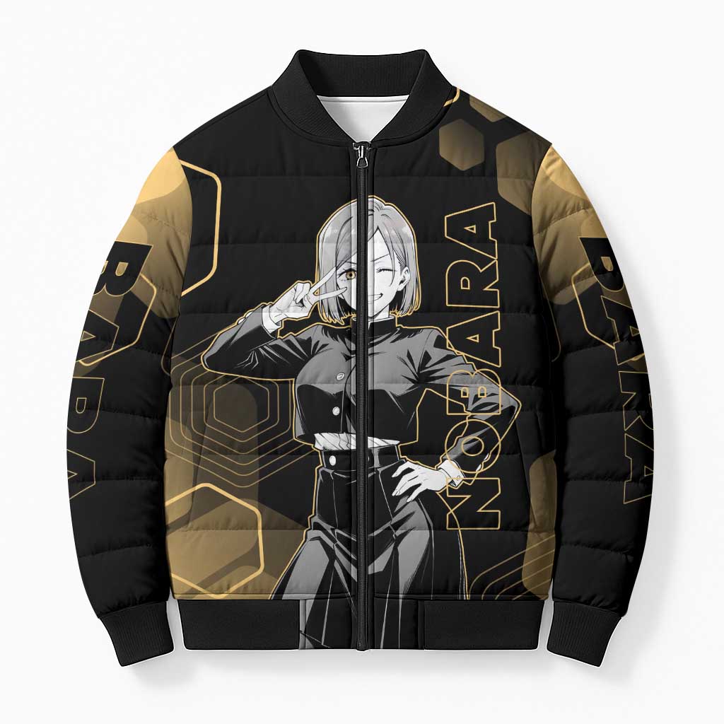 Nobara Kugisaki Jujutsu Kaisen Gold Hexagon Design Bomber Puffer Jacket with Confident Expressions and Manga Style Art - The Mazicc