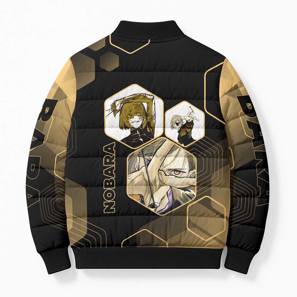 Nobara Kugisaki Jujutsu Kaisen Gold Hexagon Design Bomber Puffer Jacket with Confident Expressions and Manga Style Art - The Mazicc