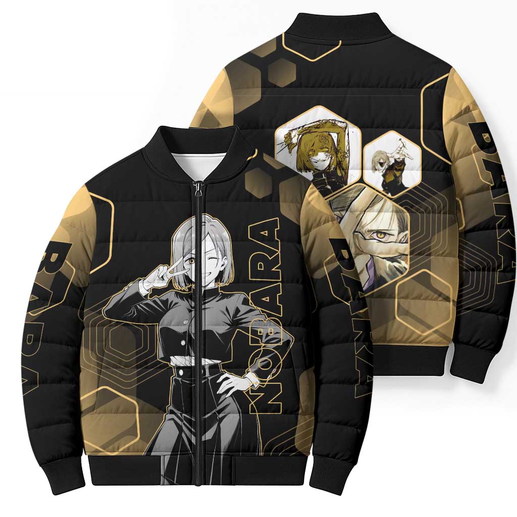 Nobara Kugisaki Jujutsu Kaisen Gold Hexagon Design Bomber Puffer Jacket with Confident Expressions and Manga Style Art - The Mazicc