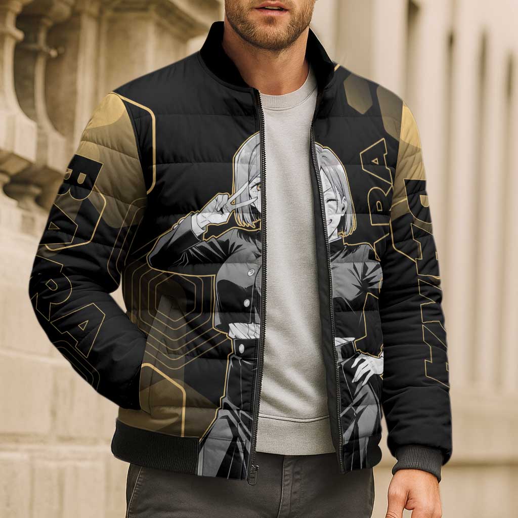 Nobara Kugisaki Jujutsu Kaisen Gold Hexagon Design Bomber Puffer Jacket with Confident Expressions and Manga Style Art - The Mazicc