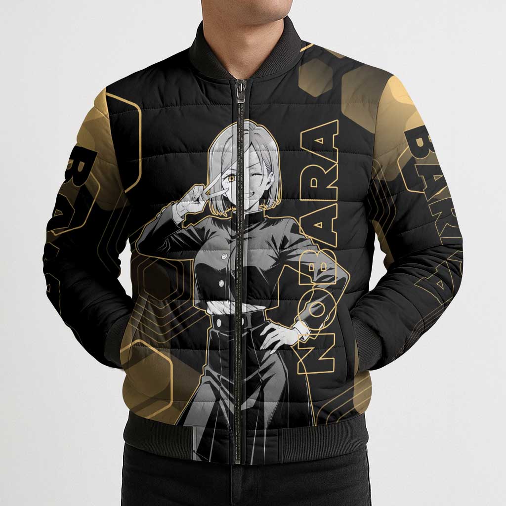 Nobara Kugisaki Jujutsu Kaisen Gold Hexagon Design Bomber Puffer Jacket with Confident Expressions and Manga Style Art - The Mazicc
